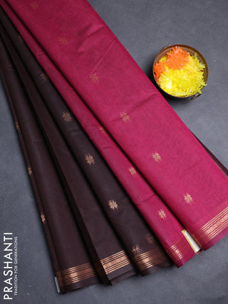 Semi maheswari cotton saree coffee brown and magenta pink with allover copper zari woven buttas and copper zari woven border