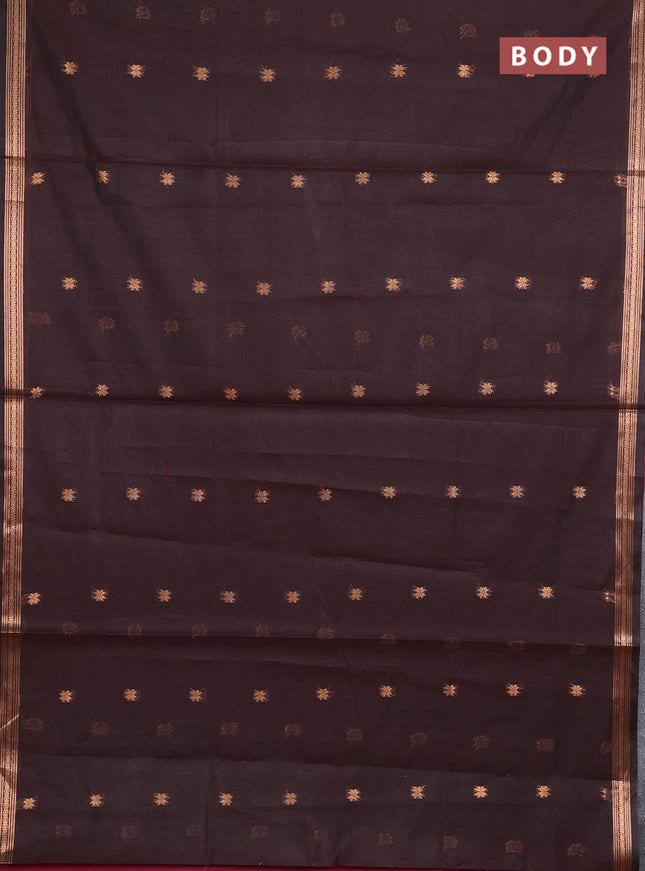 Semi maheswari cotton saree coffee brown and magenta pink with allover copper zari woven buttas and copper zari woven border