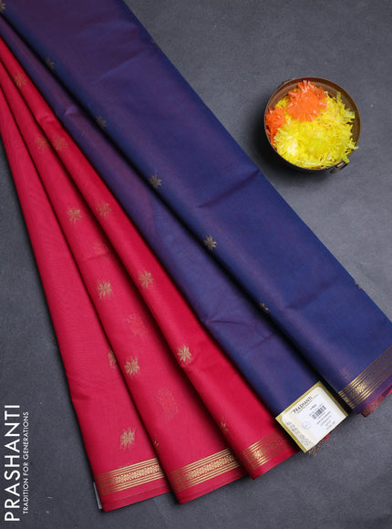 Semi maheswari cotton saree dark pink and blue with allover zari woven buttas and small zari woven border