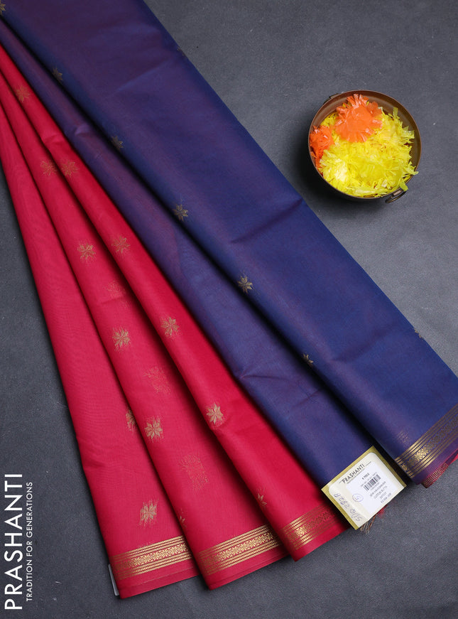 Semi maheswari cotton saree dark pink and blue with allover zari woven buttas and small zari woven border