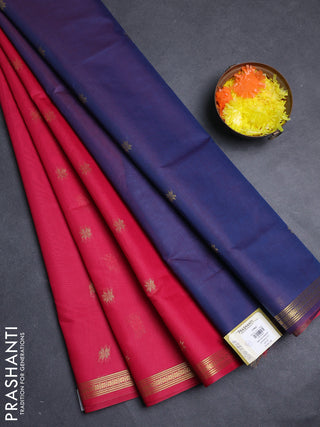 Semi maheswari cotton saree dark pink and blue with allover zari woven buttas and small zari woven border