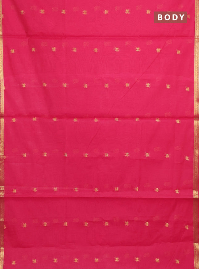 Semi maheswari cotton saree dark pink and blue with allover zari woven buttas and small zari woven border