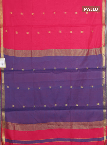 Semi maheswari cotton saree dark pink and blue with allover zari woven buttas and small zari woven border