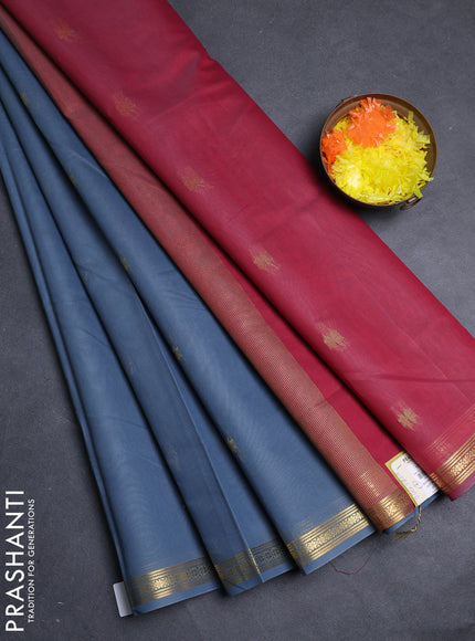 Semi maheswari cotton saree grey and maroon with allover zari woven buttas and small zari woven border
