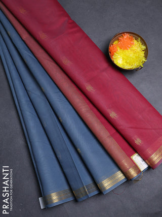 Semi maheswari cotton saree grey and maroon with allover zari woven buttas and small zari woven border
