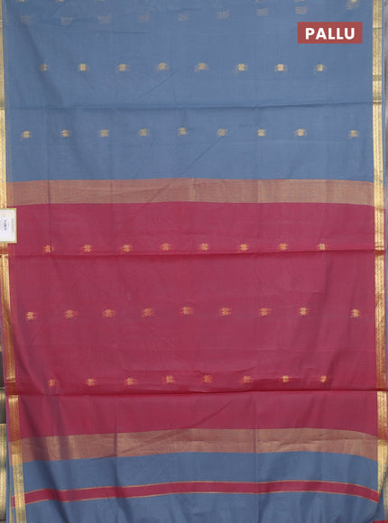 Semi maheswari cotton saree grey and maroon with allover zari woven buttas and small zari woven border