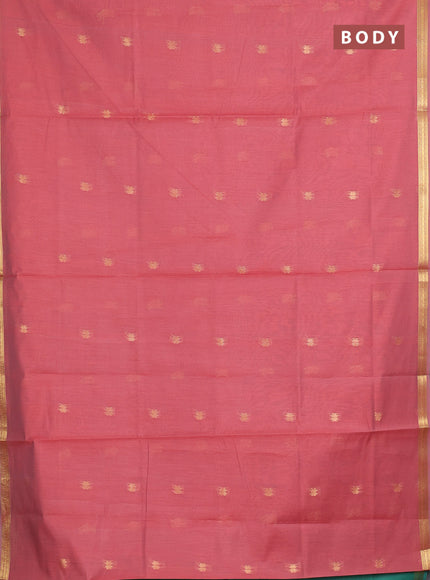 Semi maheswari cotton saree peach shade and teal green with allover zari woven buttas and small zari woven border