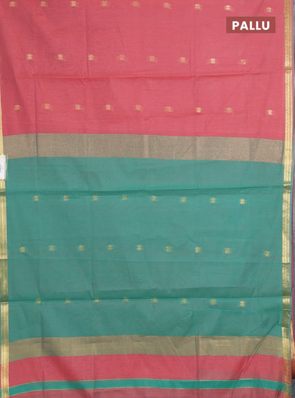 Semi maheswari cotton saree peach shade and teal green with allover zari woven buttas and small zari woven border