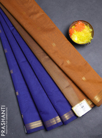 Semi maheswari cotton saree blue and dark mustard with allover zari woven buttas and small zari woven border