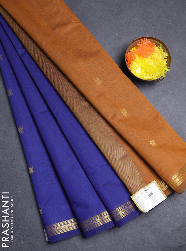 Semi maheswari cotton saree blue and dark mustard with allover zari woven buttas and small zari woven border