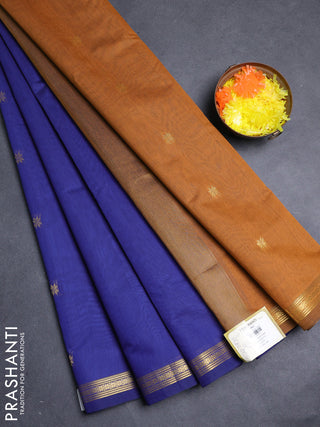 Semi maheswari cotton saree blue and dark mustard with allover zari woven buttas and small zari woven border