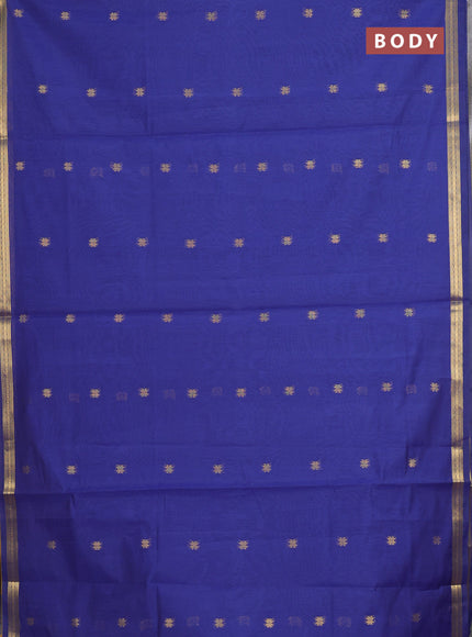 Semi maheswari cotton saree blue and dark mustard with allover zari woven buttas and small zari woven border