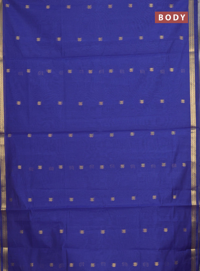 Semi maheswari cotton saree blue and dark mustard with allover zari woven buttas and small zari woven border