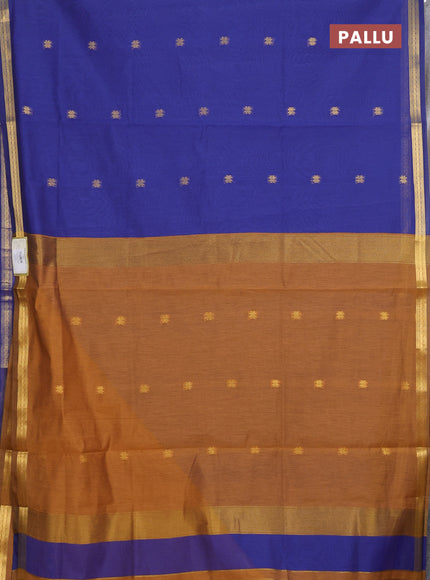 Semi maheswari cotton saree blue and dark mustard with allover zari woven buttas and small zari woven border