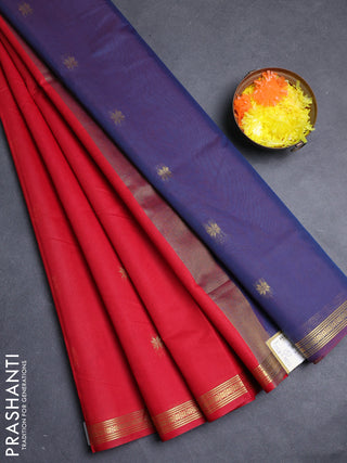 Semi maheswari cotton saree red and blue with allover zari woven buttas and small zari woven border
