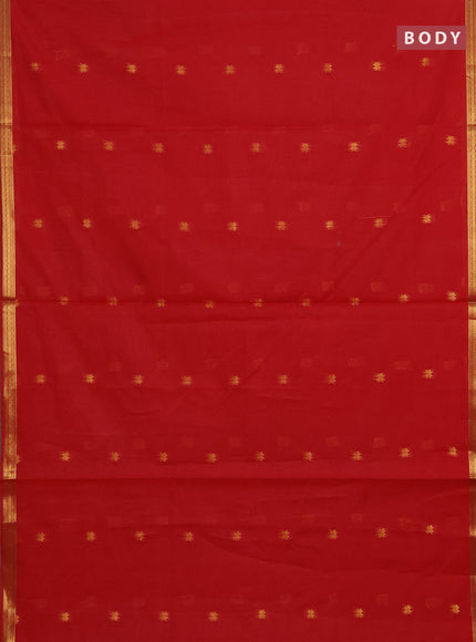 Semi maheswari cotton saree red and blue with allover zari woven buttas and small zari woven border