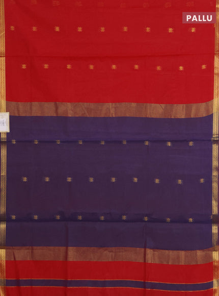 Semi maheswari cotton saree red and blue with allover zari woven buttas and small zari woven border