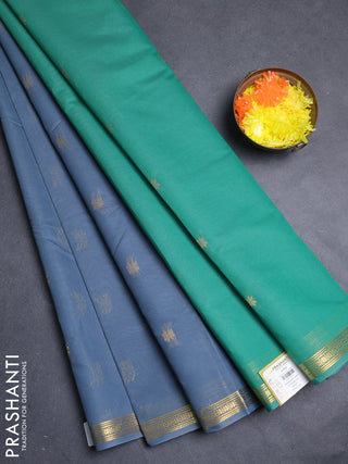 Semi maheswari cotton saree grey and green with allover zari woven buttas and small zari woven border