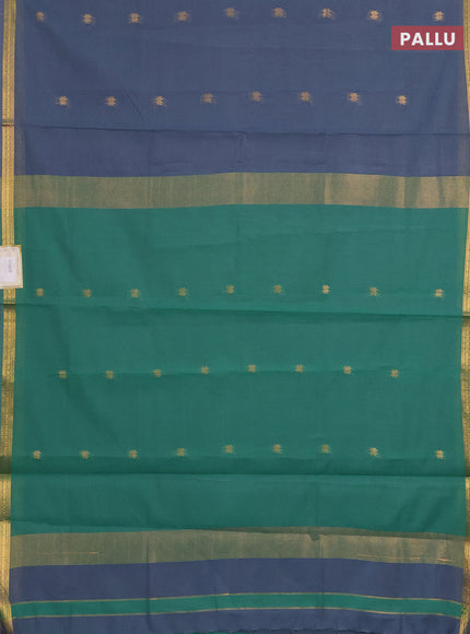 Semi maheswari cotton saree grey and green with allover zari woven buttas and small zari woven border