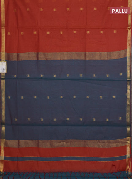 Semi maheswari cotton saree rust shade and peacock green with allover zari woven buttas and small zari woven border