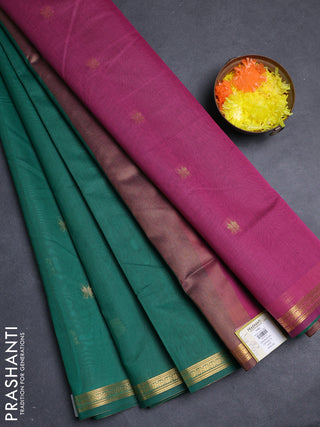 Semi maheswari cotton saree green and pink with allover zari woven buttas and small zari woven border