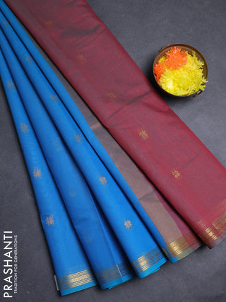 Semi maheswari cotton saree cs blue and maroon with allover zari woven buttas and small zari woven border