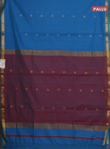 Semi maheswari cotton saree cs blue and maroon with allover zari woven buttas and small zari woven border