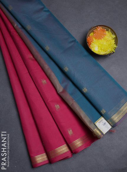 Semi maheswari cotton saree pink and peacock green with allover zari woven buttas and small zari woven border