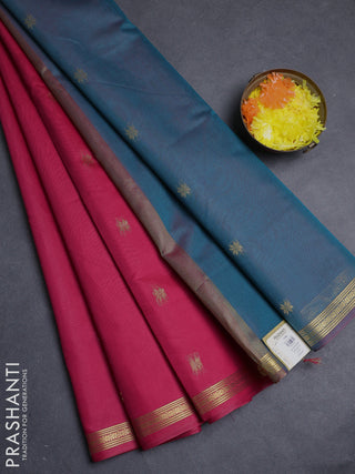 Semi maheswari cotton saree pink and peacock green with allover zari woven buttas and small zari woven border