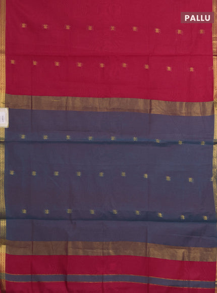 Semi maheswari cotton saree pink and peacock green with allover zari woven buttas and small zari woven border