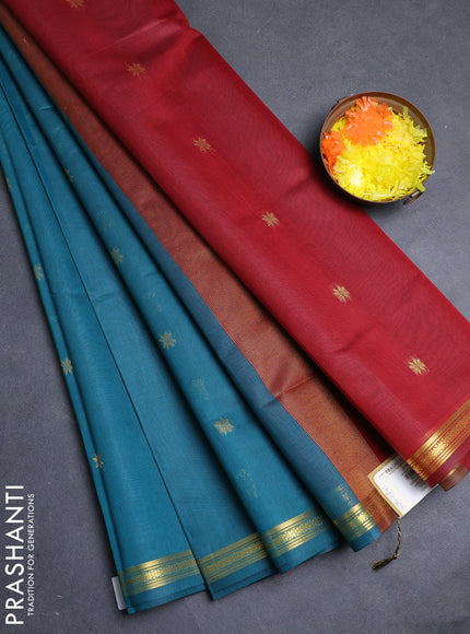Semi maheswari cotton saree peacock green and maroon with allover zari woven buttas and small zari woven border