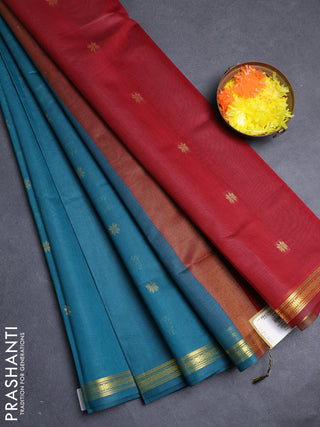 Semi maheswari cotton saree peacock green and maroon with allover zari woven buttas and small zari woven border