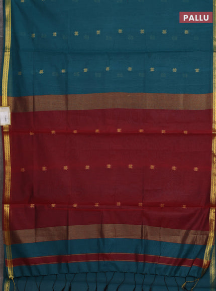 Semi maheswari cotton saree peacock green and maroon with allover zari woven buttas and small zari woven border