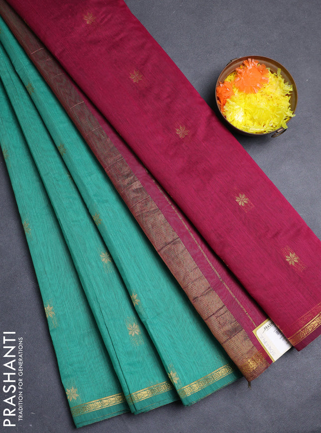 Semi maheswari cotton saree teal green and pink with allover zari woven buttas and small zari woven border