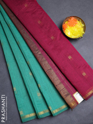 Semi maheswari cotton saree teal green and pink with allover zari woven buttas and small zari woven border