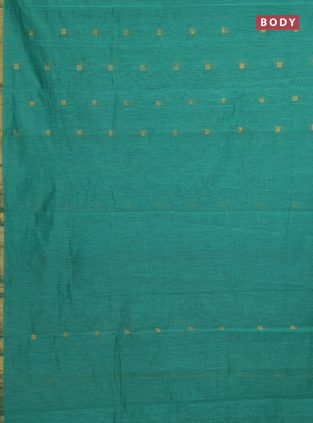 Semi maheswari cotton saree teal green and pink with allover zari woven buttas and small zari woven border