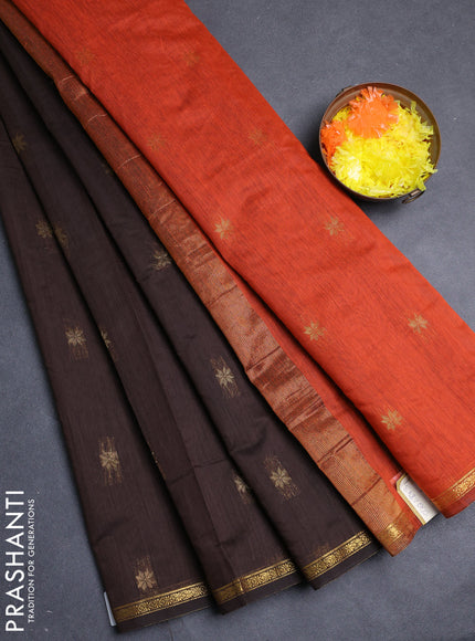 Semi maheswari cotton saree coffee brown and orange with allover zari woven buttas and small zari woven border