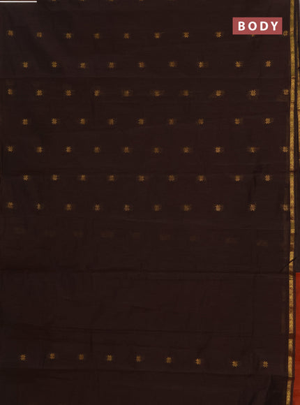 Semi maheswari cotton saree coffee brown and orange with allover zari woven buttas and small zari woven border