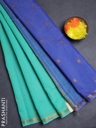 Semi maheswari cotton saree teal green and blue with allover zari woven buttas and small zari woven border