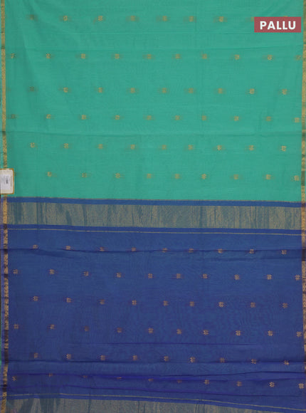 Semi maheswari cotton saree teal green and blue with allover zari woven buttas and small zari woven border