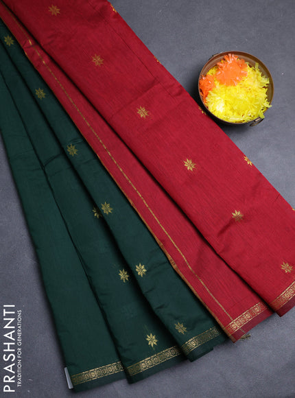 Semi maheswari cotton saree bottle green and maroon with allover zari woven buttas and small zari woven border