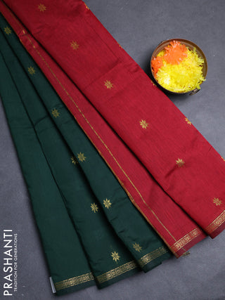 Semi maheswari cotton saree bottle green and maroon with allover zari woven buttas and small zari woven border