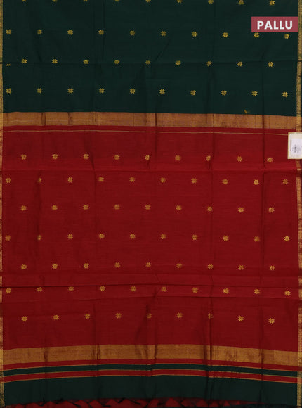 Semi maheswari cotton saree bottle green and maroon with allover zari woven buttas and small zari woven border