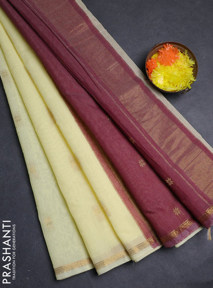 Semi maheswari cotton saree pale yellow and maroon with allover zari woven buttas and small zari woven border