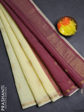 Semi maheswari cotton saree pale yellow and maroon with allover zari woven buttas and small zari woven border