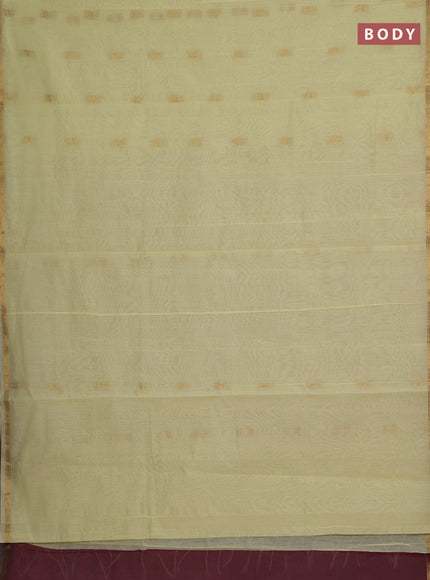 Semi maheswari cotton saree pale yellow and maroon with allover zari woven buttas and small zari woven border
