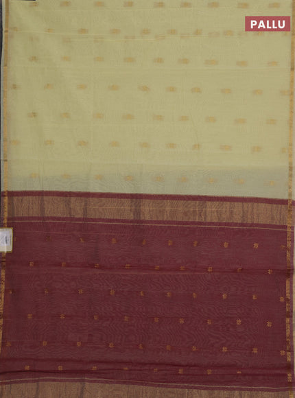 Semi maheswari cotton saree pale yellow and maroon with allover zari woven buttas and small zari woven border