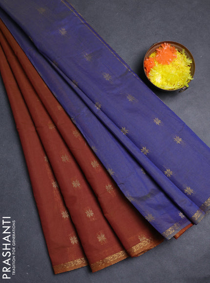 Semi maheswari cotton saree maroon and blue with allover zari woven buttas and small zari woven border
