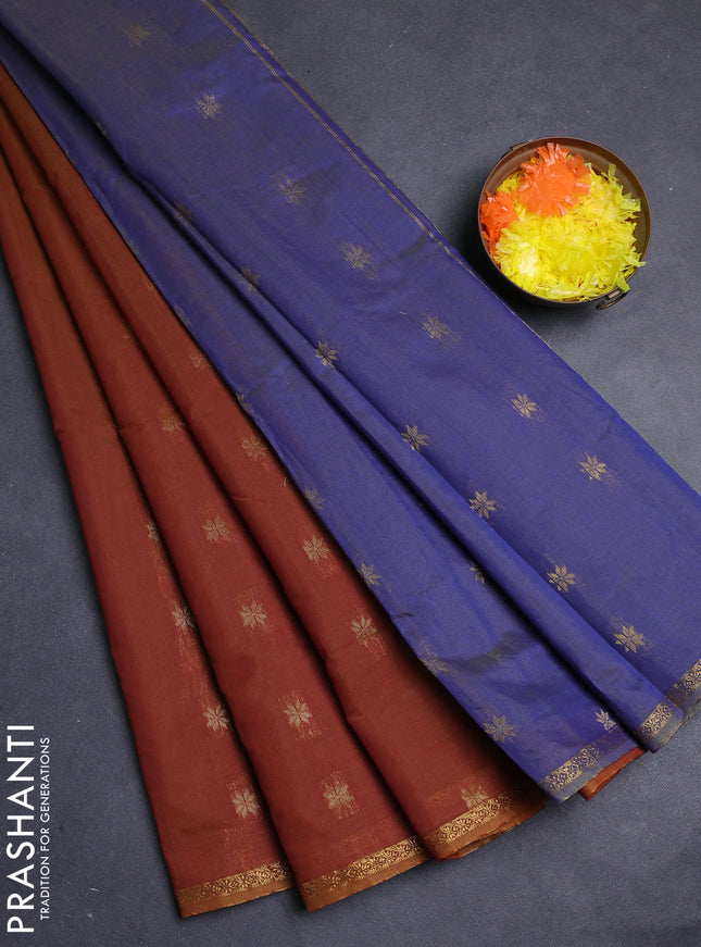 Semi maheswari cotton saree maroon and blue with allover zari woven buttas and small zari woven border