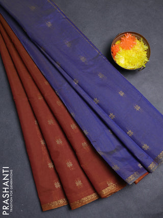 Semi maheswari cotton saree maroon and blue with allover zari woven buttas and small zari woven border